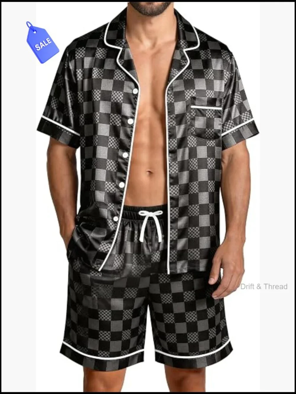 Mens Silky Satin Pajama Set Short Sleeve Button Down Summer Sleepwear M-2XL